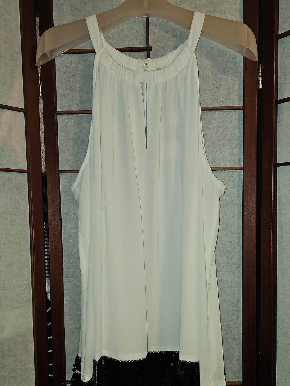 Michael Kors Cream Sleeveless Halter Neck Blouse with Black Lace Trim